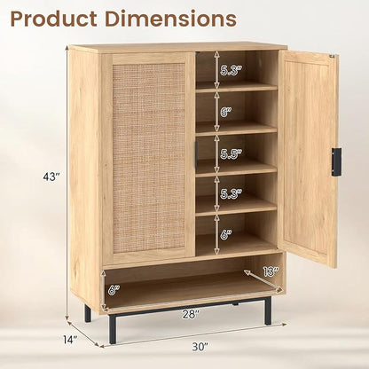 LOKO Shoe Storage Cabinet with 2 Doors, 6-Tier Rattan Shoe Organizer with Adjustable Shelves & Open Compartment, Freestanding Hidden Shoe Cabinet for Entryway, Closet & Living Room (Natural)
