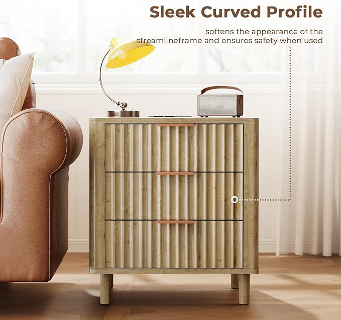 Fluted Nightstand with Charging Station, Multifunctional 3 Drawers Storage Bedside Table, Solid Wood Modern Nightstand, Curved Profile Design, End Table for Indoor Room Bedroom Office, Oak