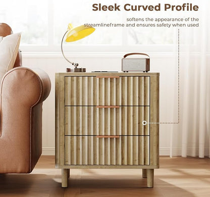 Fluted Nightstand with Charging Station, Multifunctional 3 Drawers Storage Bedside Table, Solid Wood Modern Nightstand, Curved Profile Design, End Table for Indoor Room Bedroom Office, Oak