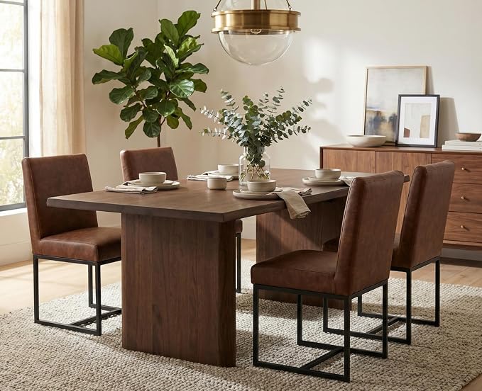 CIMOTA Modern Dining Chairs Set of 4, Leather Dining Room Chairs Upholstered Mid Century Armless Guest Side Chair with Black Base for Dining Room/Kitchen, Vintage Brown 4PCS