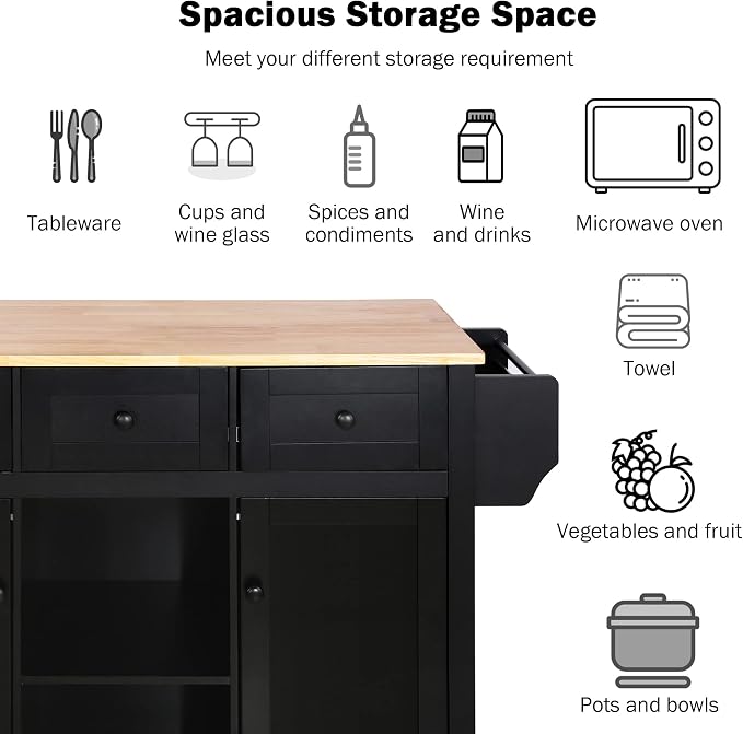 Large Kitchen Island with Rubber Wood Drop Leaf, Rolling Kitchen Cart with Ample Storage on Wheels with Doors and Drawers for Dining Room (Modern Black, Black Handle, 53Inch)