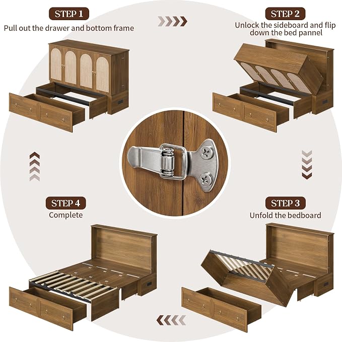 Yoobure Queen Murphy Bed with Charging Station - Rattan Queen Bed Frame with Storage Drawers, Wood Cabinet Beds for Guest Bedroom, Living Room, Office, Farmhouse Hideaway Beds with Foldable Platform