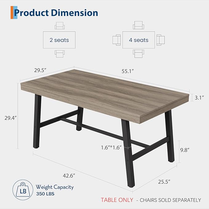 GarveeHome Industrial Dining Table for 2-4, 55" Heavy Duty Rectangular Kitchen Table with 2"×2" Metal Legs, Small Space Dining Table for Kitchen, Dining Room (Grey Walnut, 55" Non-extendable)