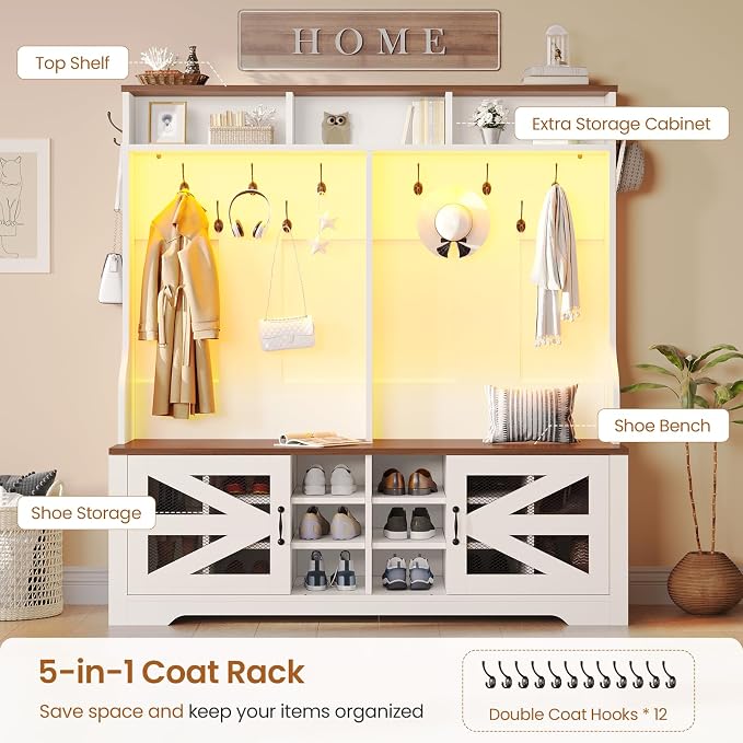Itaar Hall Tree with Bench and Shoe Storage, 5-in-1 Entryway Bench with Coat Rack, 16 Shoe Cubbies & 12 Coat Hooks, Barn Door & Adjustable Shelf (White)