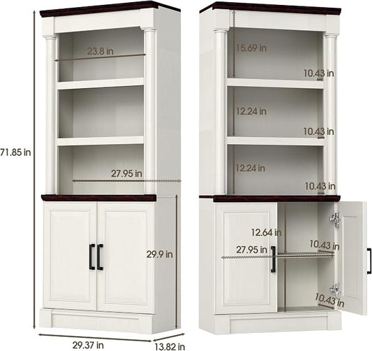 72" Roman Column Bookcase with Double Door Cabinet, 5 Tiers Tall Bookshelf Shelves Storage and Anti Tip Kit, Classic American European Modern Multi Style Design for Living Room Study Office, White