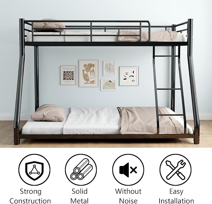 Metal Bunk Bed Twin Over Full Size with Removable Stairs, Heavy Duty Sturdy Frame with Full Length Safety Guardrail for Teen & Adults, Teens, No Box Spring Needed (Black)