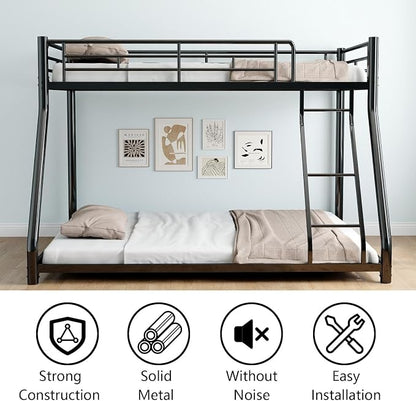 Metal Bunk Bed Twin Over Full Size with Removable Stairs, Heavy Duty Sturdy Frame with Full Length Safety Guardrail for Teen & Adults, Teens, No Box Spring Needed (Black)