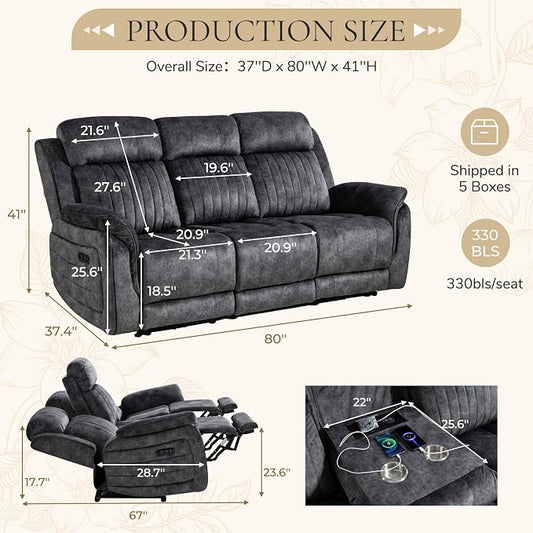 Power Reclining Sofa with Zero Gravity, Adjustable Headrest, Electric Reclining Couch with Wireless Charge, Outlets, Power Loveseat Recliner Sofa for Living Room (Grey, 3 Seater Sofa)