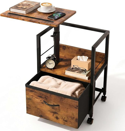 Faesun Swivel Lift Top Nightstand, Rolling Side Table for Recliner, Bedside Table with Wheels & a Fabric Drawer, for Small Spaces, for Bedroom, Living Room, Brown