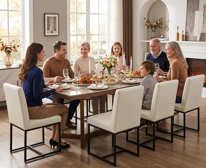 CIMOTA Cream Leather Dining Chairs Set of 4, Modern Dining Room Chairs Upholstered Armless Guest Side Chair with Black Base for Dining Room/Kitchen, Cream White 4PCS