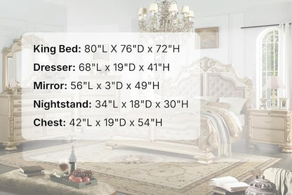 First of a Kind Miranda Gold Finish Traditional 5 Piece King Bedroom Set with Upholstered Tufted Headboard Ornate European Inspired Design Coordinated Furniture Collection