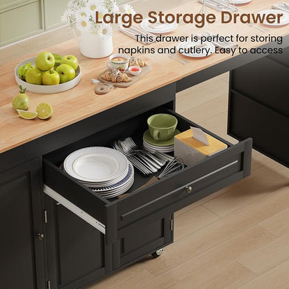 Expandable Kitchen Island with Storage Drawer and Wheels, Black | Rubberwood top expands 48.4"-82.6". Spacious drawer, 2 cabinets, 2 shelves, spice rack & towel bar. Lockable casters.