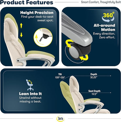 Serta Bryce Executive Office Chair - Ergonomic Computer DeskChair with Lumbar Technology - Adjustable Height - Memory Foam Body Pillows - 360° Swivel Rolling Base - Bonded Leather - Cream