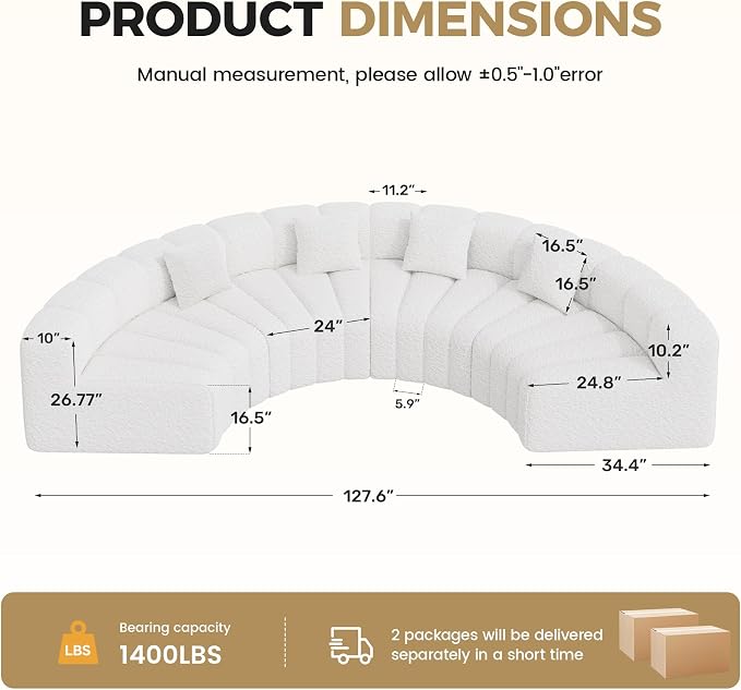 Oversized Curved Sofa, 4 Seater Boneless Velvet Cloud Couch, Modern Modular Sectional Couches for Living Room, No Assembly Required, White 1PC