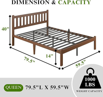 Askeld Bamboo Queen Bed Frame with Headboard, 14 Inch High Wood Platform Bed No Box Spring Needed, Modern Minimalist Heavy Duty Bedframe, Easy Assembly, Noise Free, Walnut Color