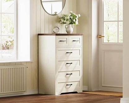 AODK Farmhouse Tall 6 Drawer Dresser for Bedroom, 5-Tier Vertical Storage Chest with Mixed Drawers, Engineered Wood Frame with Anti-Tip Safety, American Country Furniture, Walnut & Vintage White