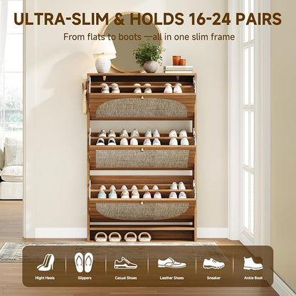 Nicetree Shoe Storage Cabinet for Entryway, Modern Walnut Shoe Cabinet with Tiered Fluted Design, 9.5" Slim Shoe Rack for Small Spaces, Narrow 4 Flip Drawers Hidden Shoe Organizer