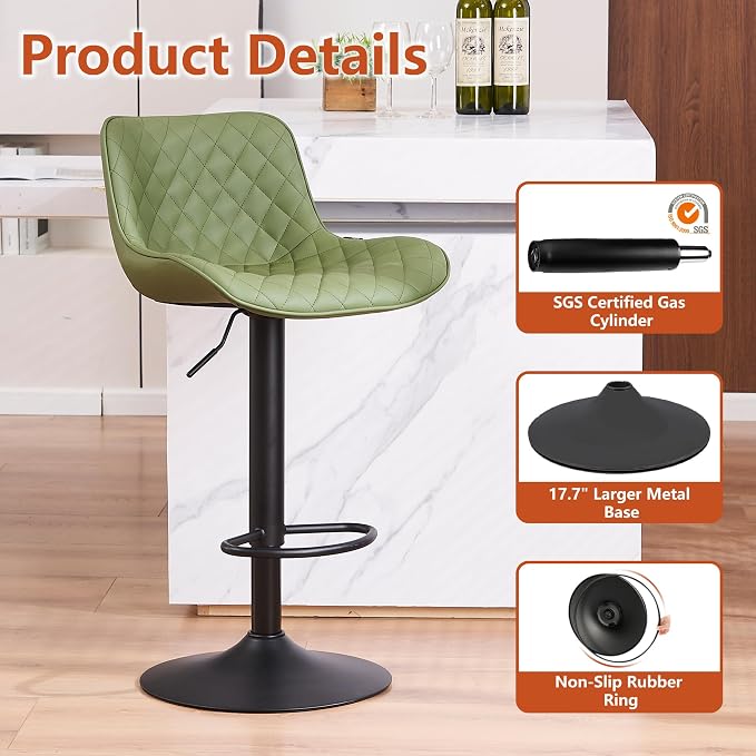 YOUTASTE Olive Green Bar Stools Set of 2, Mid-Century Modern Counter Height Stools for Kitchen Island, Faux Leather Upholstered, Swivel, Adjustable, Bar Chairs with Black Metal Base for Home Bistro