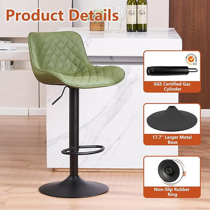 YOUTASTE Olive Green Bar Stools Set of 2, Mid-Century Modern Counter Height Stools for Kitchen Island, Faux Leather Upholstered, Swivel, Adjustable, Bar Chairs with Black Metal Base for Home Bistro