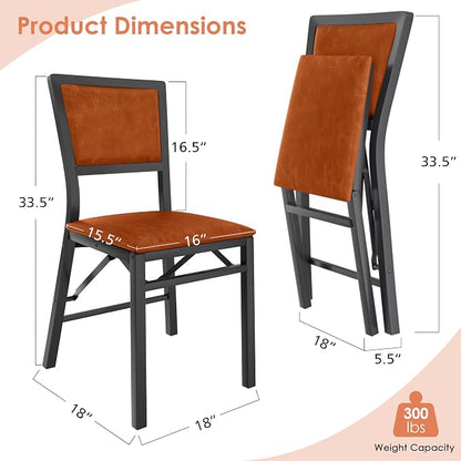 VECELO Folding Dining Chairs Set of 4, Metal Padded Foldable Seating with Comfortable Faux Leather, Space-Saving Portable Guest Seats for Kitchen & Office, No Assembly, Cognac Brown
