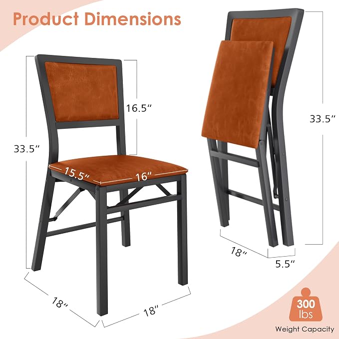 VECELO Folding Dining Chairs Set of 2, Metal Padded Foldable Seating with Comfortable Faux Leather, Space-Saving Portable Guest Seats for Kitchen & Office, No Assembly, Cognac Brown