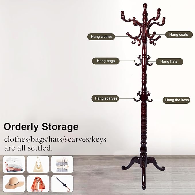Wooden Coat Rack Freestanding, Hall Tree Hanger With Resin Hooks, Adjustable Heavy Duty Coat Rack for Hanging Clothes Bags Hats in Living Room Bedroom (coat rack, 3 Prong Legs-Rosewood Color)