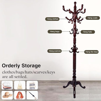 Wooden Coat Rack Freestanding, Hall Tree Hanger With Resin Hooks, Adjustable Heavy Duty Coat Rack for Hanging Clothes Bags Hats in Living Room Bedroom (coat rack, 3 Prong Legs-Rosewood Color)