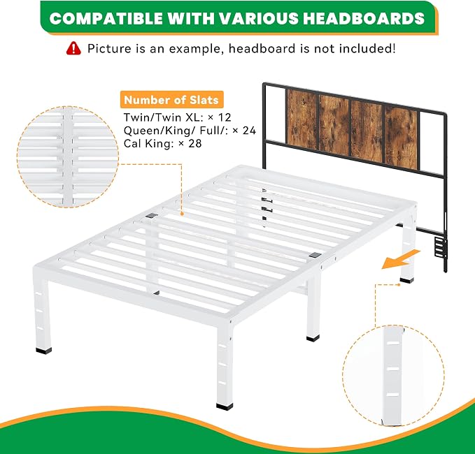 18 Inch Twin Bed Frames, Heavy Duty Metal Platform 3500 lbs Capacity, No Box Spring Needed, 6 Mattress Slide Stopper, Headboard Holes, Noise-Free, Easy Assembly, White