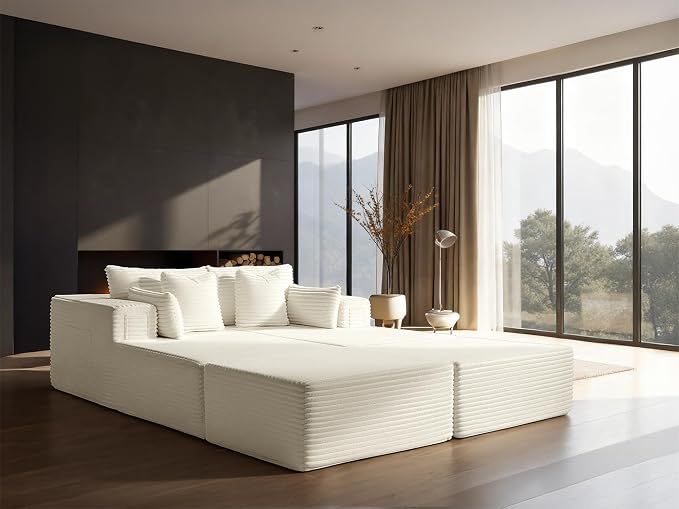 72" Cloud Sectional Couch, Comfort Sleep Sofa for Living Room, Extra Deep Seats No Assembly, Minimalist Modular Couch, Corduroy (Cream, Extend Loveseat Chaise)
