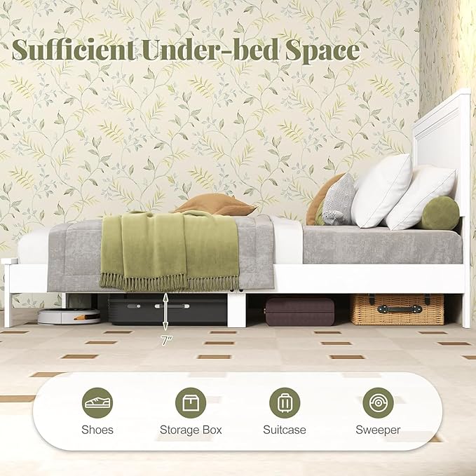 Wood Bed Frames with Headboard, Mid Century Bed Frame with Solid Wood Legs & Wooden Slat Support, Mattress Foundation Bed Base, No Box Spring Needed, (White, Full)