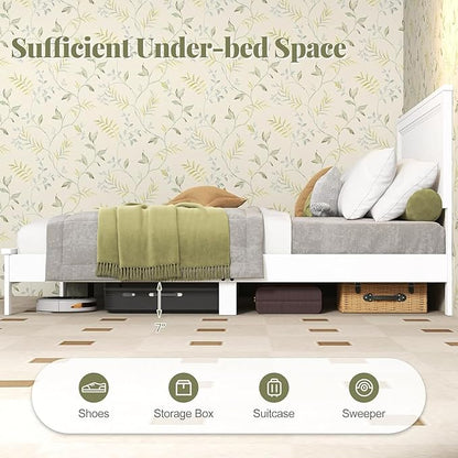 Wood Bed Frames with Headboard, Mid Century Bed Frame with Solid Wood Legs & Wooden Slat Support, Mattress Foundation Bed Base, No Box Spring Needed, (White, Full)