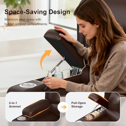 RV Loveseat Recliner Sofa, PU Leather RV Reclining Loveseat with USB Charge Ports, Cup Holders, 2 Seater Manual Pull Tab Recliner Sofa Couches for Living Room/RV, Brown