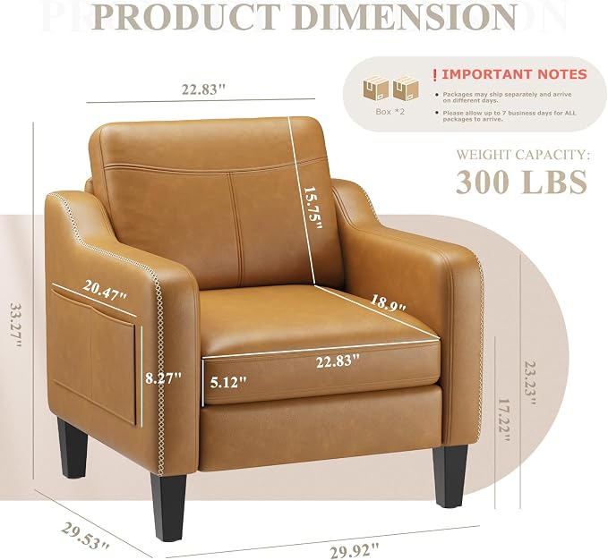 MALOL PU Leather Accent Chair, Mid-Century Modern Living Room Armchair Sofa with Removable Cushions, Solid Wood Frame & Stitched Armrest Design, Bedroom Chair with Plastic Legs, Brown