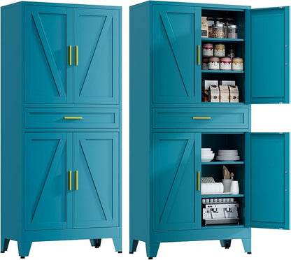 71" Tall Farmhouse Pantry Cabinet,Metal Cabinet with Adjustable Shelves and Doors,Storage Cabinet for Kitchen Garage,Blue 1 Pack