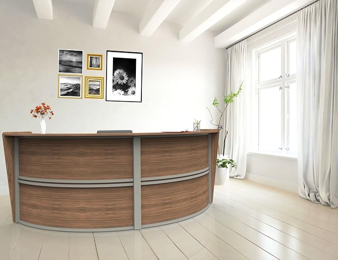 Linea Italia Curved Modern Office Desk Easy to Assembly 2 Panel Reception Counter for Lobby, Salon, 124" x 49", Walnut
