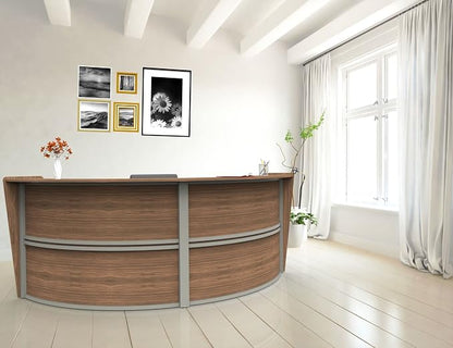 Linea Italia Curved Modern Office Desk Easy to Assembly 2 Panel Reception Counter for Lobby, Salon, 124" x 49", Walnut