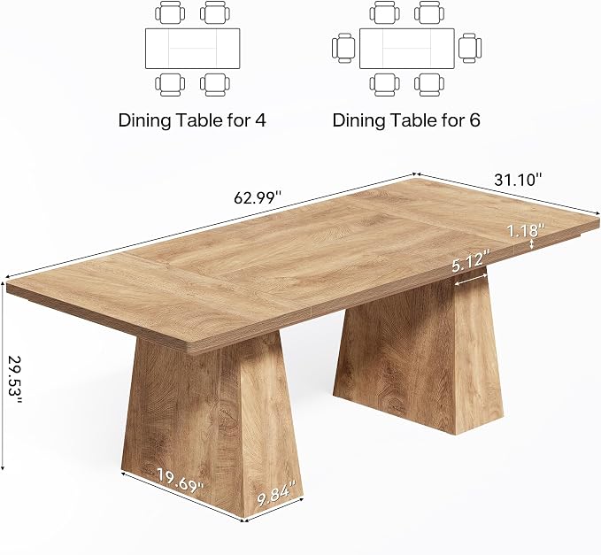 LITTLE TREE Dining Table for 6 People, Wooden Table, Rectangle Furniture with Heavy Duty Legs, Modern Kitchen Table for Home, Dining Room, Oak