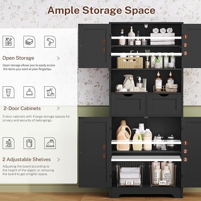 TEENFON 57.8" H Tall Storage Cabinet with 2 Drawers & 2 Adjustable Shelves, Floor Cabinet with 4 Doors, Tall Cabinet for Living Room, Dining Room, Entryway, Black