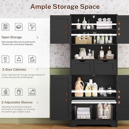 TEENFON 57.8" H Tall Storage Cabinet with 2 Drawers & 2 Adjustable Shelves, Floor Cabinet with 4 Doors, Tall Cabinet for Living Room, Dining Room, Entryway, Black
