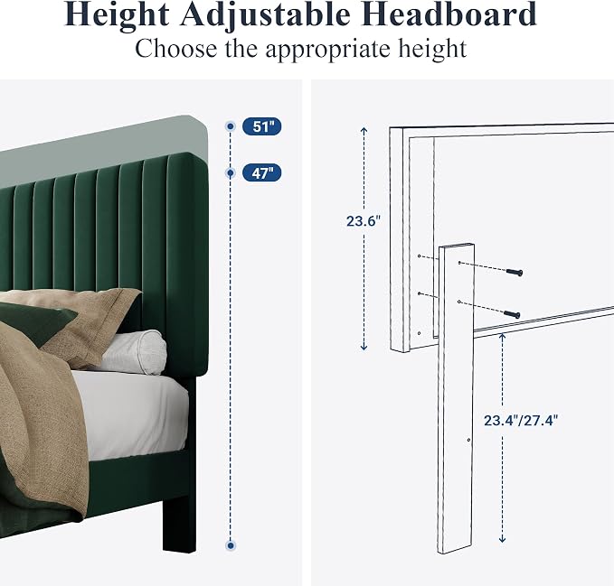 Allewie Queen Bed Frame, Velvet Upholstered Platform Bed with Adjustable Vertical Channel Tufted Headboard, Mattress Foundation with Strong Wooden Slats, Box Spring Optional, Easy Assembly, Green