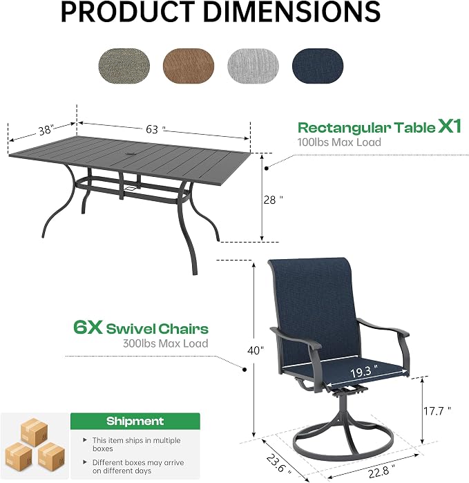7-Piece Outdoor Dining Set with Umbrella Hole,Patio Swivel Chairs Set and 63"x 38"x 28" Outdoor Patio Table for 6,Modern Garden Dining Set for Poolside Seaside Backyard