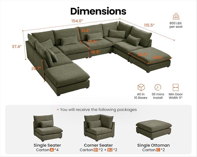 154" Oversized Chenille Couch Modular Sectional Sofa, Washable Cloud Couch Sectional with 4 Ottoman, 8 Seater Sectional Couches for Living Room, Fully Cover Removable, Sleeper Sofa, Chenille, Green