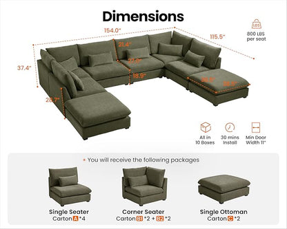 154" Oversized Chenille Couch Modular Sectional Sofa, Washable Cloud Couch Sectional with 4 Ottoman, 8 Seater Sectional Couches for Living Room, Fully Cover Removable, Sleeper Sofa, Chenille, Green