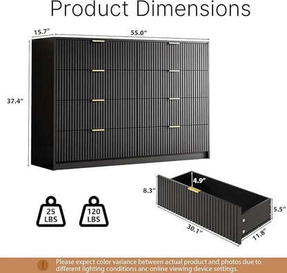 MAISONARIA 3-Piece Dresser Bedroom Set, 8 Drawer Dresser & 3 Drawer Nightstands with Gold Handles, Fluted Wood Chest of Drawers for Bedroom, Living Room, Entryway, Black