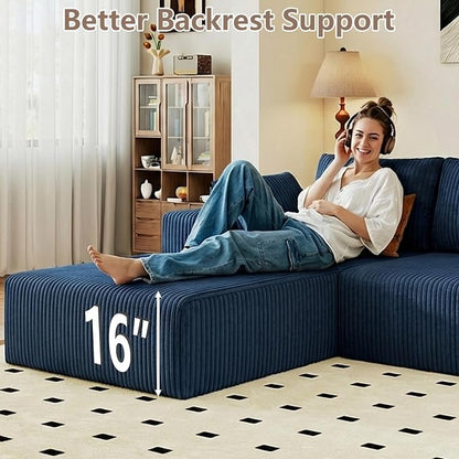 95" Cloud Sectional Couch U-Shaped Chaise with Ottoman, Corduroy Boneless Couch for Living Room Bedroom, Deep-Seat Upholstered Modular Cloud Sofa, No Assembly Required (Blue, Left Facing Chaise)