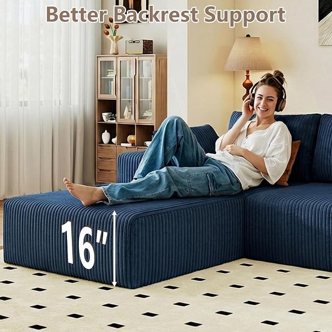 95" Cloud Sectional Couch with L-Shape Chaise, Modular Comfy Sofa Chaise Longue, Upholstered Corduroy Couches Sleeper with Deep Seat for Living Room Bedroom, No Assembly Required(Blue, Left Facing)
