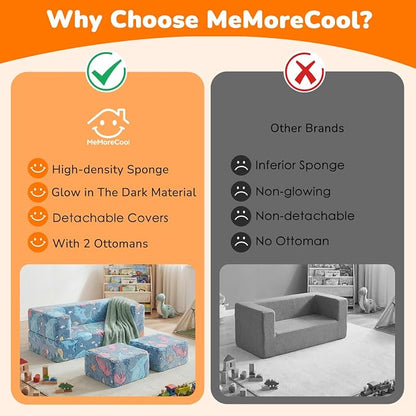 MeMoreCool Mermaid Glow-in-the-Dark Kids Play Couch, Denim Mermaid Modular Toddler Couch for Girls, Convertible Foam Sofa Bed for Playroom Bedroom, 220 lbs Capacity