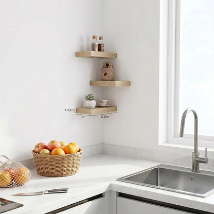 Oak Floating Shelves Set of 3,11.8 Inch Small Wall Shelves for Bathroom,Bedroom,Kitchen,Above Toilet Shelves