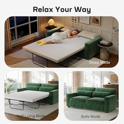 Marsail Pull Out Sofa Bed, Queen Size Sleeper Sofa with Memory Foam Mattress, 2-in-1 Convertible Chenille Couch Bed with 2 USB Charging and Removable Covers, Loveseat for Living Room, Apartment, Green