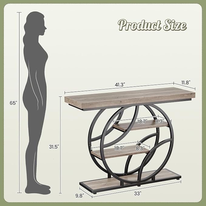 Huuger 41.3 Inch Entryway Table, Modern Console Sofa Table, Accent Table with Shelves, for Entry, Hallway, Entrance, Foyer, O-Shaped Metal Frame, Grey
